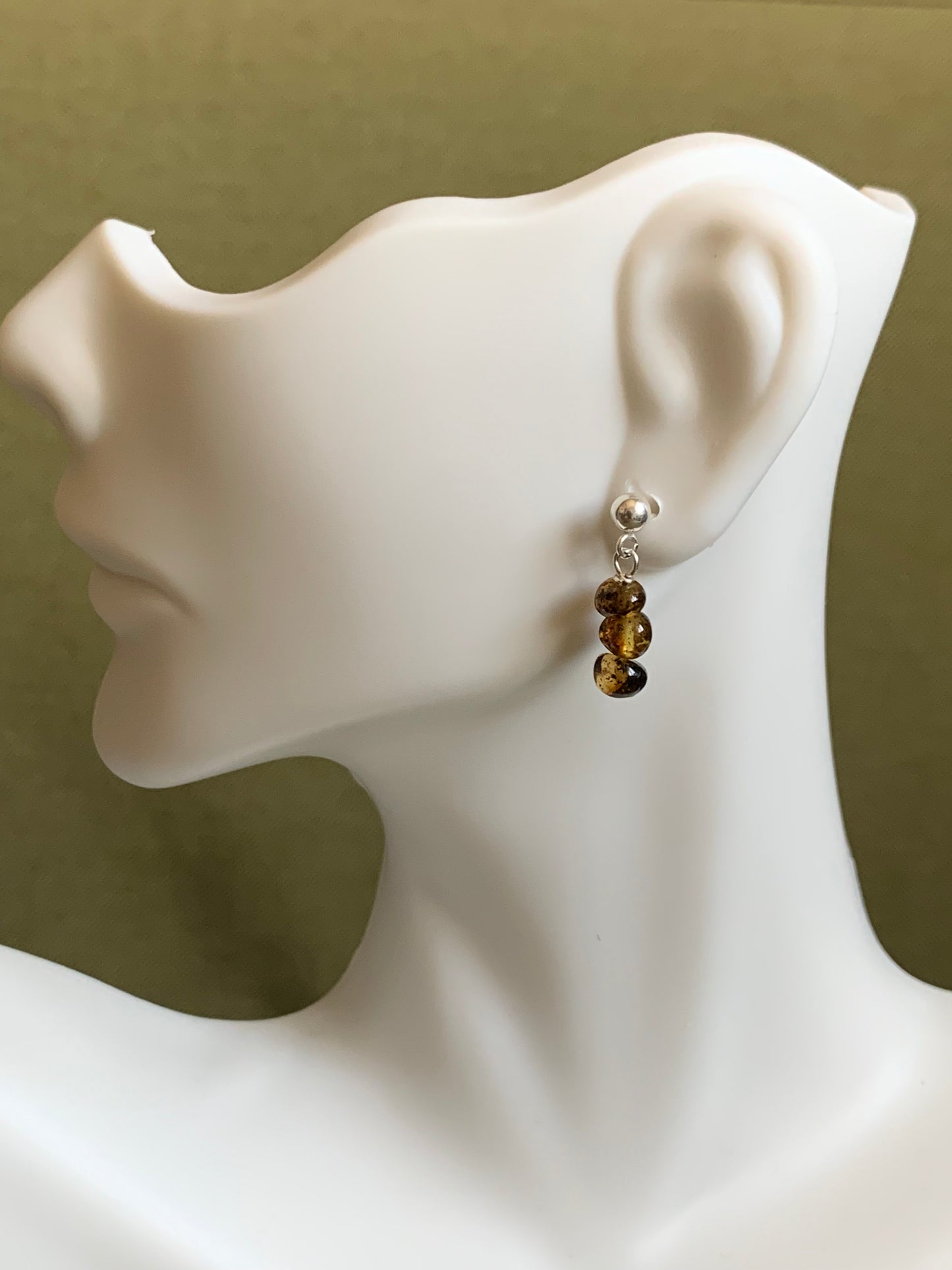 Sterling Silver-Olive Amber-Stud Earrings